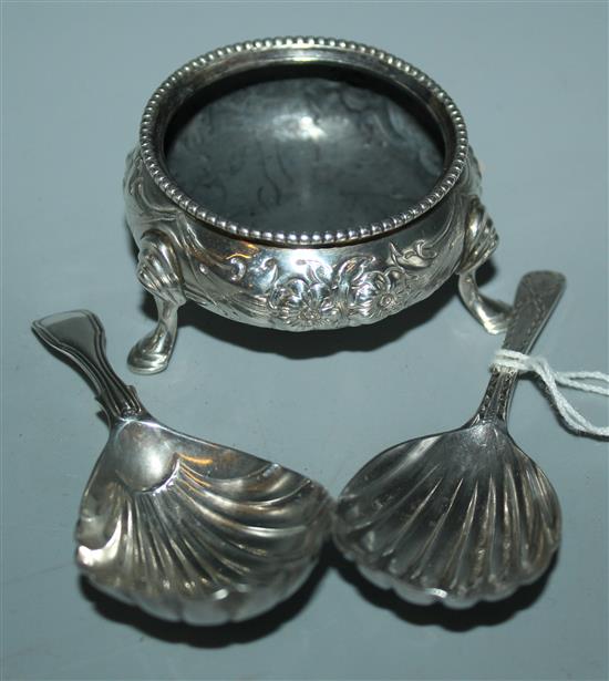 Georgian silver salt & 2 silver caddy spoons